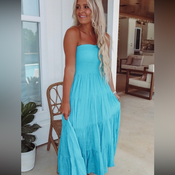 Blue Strapless Ruffle Maxi Dress - Picture 6 of 6